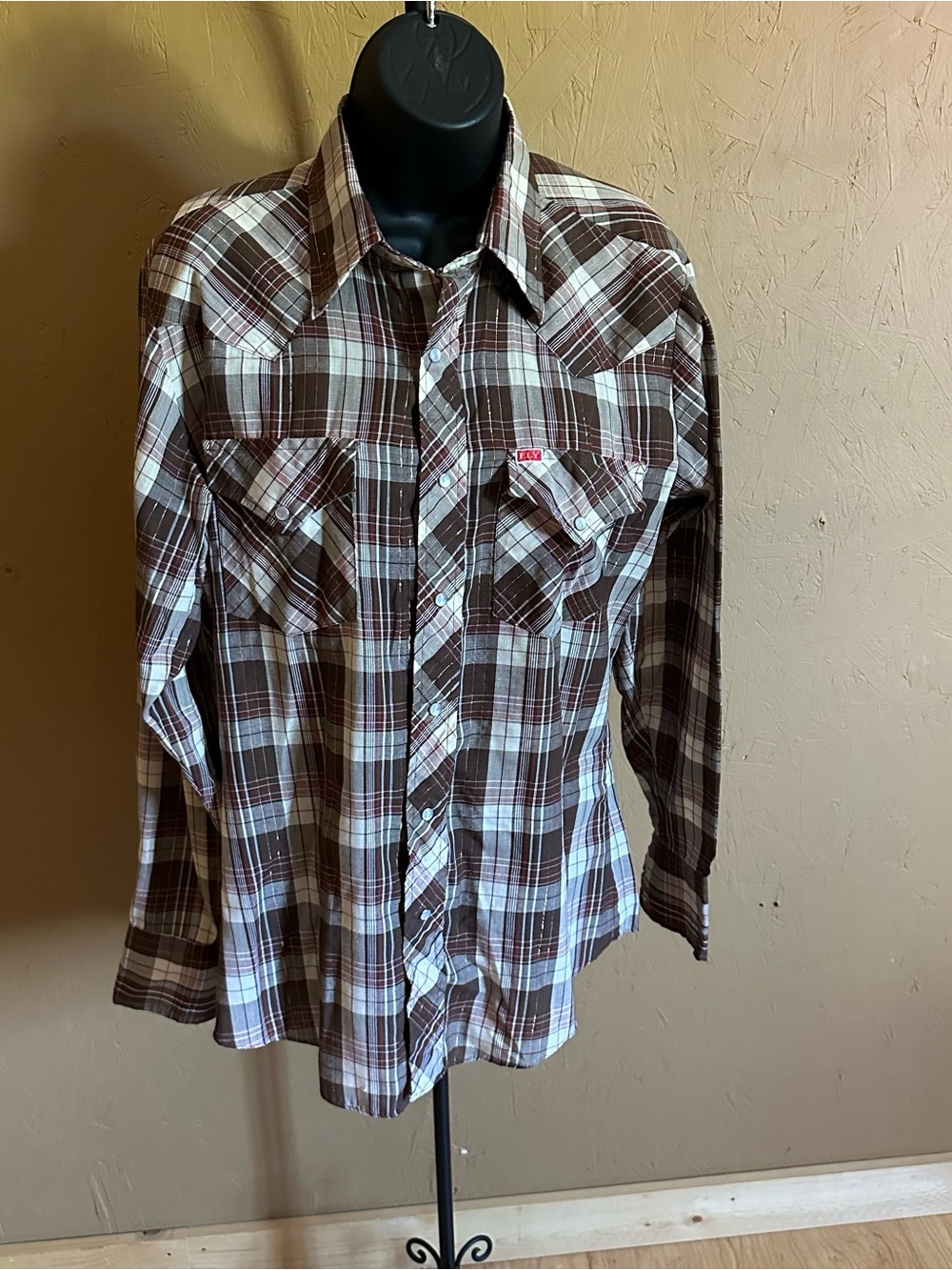 Vintage Ely Plains Brown and White Plaid Western Button-Up Shirt, pearl snaps